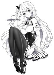 Rule 34 | 1girl, :o, blush, bow, braid, breasts, collared shirt, commentary, cup, emily stock, full body, greyscale, hair between eyes, hair bow, hand up, head tilt, holding, holding tray, juliet sleeves, knees up, long hair, long sleeves, medium breasts, monochrome, one side up, original, pantyhose, parted lips, puffy sleeves, ririko (zhuoyandesailaer), shirt, shoes, sidelocks, simple background, sitting, skirt, solo, striped bow, striped clothes, striped skirt, symbol-only commentary, thighband pantyhose, tray, underbust, vertical-striped clothes, vertical-striped skirt, very long hair, white background