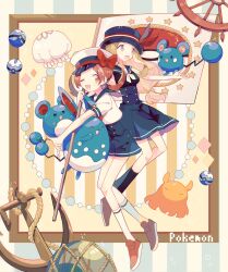 2girls anchor azumarill azurill blue_hat blue_skirt bow brown_footwear brown_hair copyright_name creatures_(company) dive_ball flag full_body game_freak gen_2_pokemon gen_3_pokemon hat highres holding holding_flag jellyfish long_hair looking_at_viewer lyra_(pokemon) marill multiple_girls nagatsukiariake nintendo one_eye_closed open_mouth poke_ball pokemon pokemon_(creature) pokemon_hgss pokemon_xy red_bow serena_(pokemon) shirt short_sleeves skirt socks umbrella_octopus white_hat white_shirt white_socks