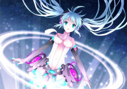 Rule 34 | 1girl, aqua eyes, aqua hair, bad id, bad pixiv id, belt, breasts, elbow gloves, female focus, fingerless gloves, gloves, hatsune miku, hatsune miku (append), koto (colorcube), long hair, navel, necktie, solo, twintails, vocaloid, vocaloid append