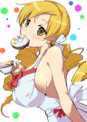 Rule 34 | 1girl, armadillo-tokage, bad id, bad pixiv id, bakemonogatari, bare shoulders, blonde hair, bow, breasts, company connection, cosplay, cup, doughnut, dress, drill hair, food, halterneck, highres, large breasts, mahou shoujo madoka magica, mahou shoujo madoka magica (anime), monogatari (series), mouth hold, oshino shinobu, oshino shinobu (cosplay), shaft (company), sideboob, solo, teacup, tomoe mami, twin drills, twintails, white dress, yellow eyes