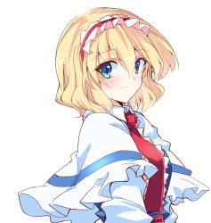 Rule 34 | 1girl, alice margatroid, ascot, blonde hair, blue eyes, capelet, closed mouth, hairband, highres, ichimura kanata, lolita hairband, looking at viewer, red ascot, red hairband, short hair, simple background, smile, solo, touhou, upper body, white background, white capelet