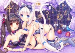 Rule 34 | 10s, 2girls, :3, :d, :o, all fours, animal, animal ears, anniversary, apple, argyle, argyle background, argyle clothes, bare shoulders, bed sheet, bell, bird, black bow, blue bow, blue nails, blunt bangs, blush, bow, bow panties, bracelet, breasts, brown eyes, brown hair, cat ears, cat tail, chain, chocola (nekopara), choker, collarbone, cross, feet, fishnet legwear, fishnets, food, frilled panties, frills, fruit, hair bow, hand around neck, hand grab, hand on another&#039;s shoulder, heart, highres, jewelry, jingle bell, lingerie, long hair, looking at viewer, lying, medium breasts, multiple girls, nail polish, nekopara, no shoes, non-web source, official style, on bed, on side, open mouth, panties, pink bow, pink nails, ring, sayori (neko works), shiny skin, side-tie panties, small breasts, smile, striped bow, striped clothes, striped legwear, striped thighhighs, tail, tail bow, tail ornament, thighhighs, twintails, underwear, underwear only, vanilla (nekopara), vertical-striped clothes, vertical-striped legwear, vertical-striped thighhighs, very long hair, white bow, white hair, yuri