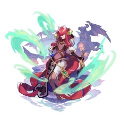 Rule 34 | 1girl, absurdly long hair, akasha (dragalia lost), bodysuit, dagger, dragalia lost, dragon, fire, full body, gargoyle, headgear, holding, holding weapon, jewelry, knife, long hair, looking at viewer, non-web source, official art, open clothes, open shirt, red hair, saitou naoki, smile, solo, statue, transparent background, very long hair, weapon, wind, yellow eyes