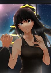 Rule 34 | 1boy, 1girl, amagami, ayatsuji tsukasa, bare arms, bare shoulders, black eyes, black hair, black one-piece swimsuit, blunt bangs, blurry, blurry background, breasts, breath, brown sweater vest, christmas tree, closed mouth, collarbone, depth of field, garland (decoration), hand on own chest, head tilt, highres, holding hands, indoors, interlocked fingers, jacket, long hair, looking at viewer, night, one-piece swimsuit, open clothes, open jacket, out of frame, pine tree, pov, pov hands, sky, small breasts, smile, solo focus, star (sky), starry sky, sweater vest, swimsuit, tree, upper body, window, yoo tenchi
