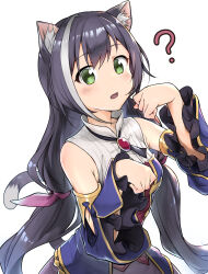 Rule 34 | 1girl, ?, amulet, animal ear fluff, animal ears, bare shoulders, black hair, breasts, cat ears, cat girl, cat tail, cowboy shot, detached sleeves, dress, fang, frilled sleeves, frills, gold trim, green eyes, hair between eyes, hands up, highres, karyl (princess connect!), light blush, long hair, long sleeves, looking at viewer, low twintails, multicolored clothes, multicolored dress, multicolored hair, neck ribbon, open mouth, paw pose, princess connect!, ribbon, shuucream (syuichi), simple background, sleeveless, sleeveless dress, small breasts, solo, streaked hair, swept bangs, tail, twintails, very long hair, white background, wide sleeves
