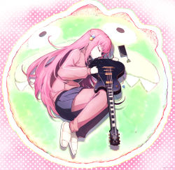 Rule 34 | 1girl, absurdres, bocchi the rock!, closed eyes, commentary, cube hair ornament, electric guitar, english commentary, gibson les paul, gotoh hitori, grey skirt, guitar, hair ornament, highres, holding, holding instrument, instrument, jacket, lc.kid, long hair, lying, mixed-language commentary, on side, one side up, pants, pants under skirt, pink hair, pink jacket, pink pants, pink track suit, pleated skirt, skirt, slippers, solo, track jacket
