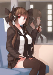 Rule 34 | 1girl, black thighhighs, breasts, brown hair, cable, chieka, chocolate, collarbone, digital media player, food, food on face, hair ribbon, headphones, highres, hsuliherng, jacket, long hair, looking at viewer, original, pleated skirt, red eyes, reflection, ribbon, school uniform, sitting, skirt, solo, thighhighs, train, train interior, twintails, window, wire