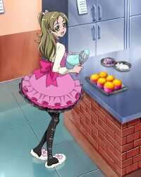 Rule 34 | 1girl, black pantyhose, blonde hair, cupcake, dress, food, green eyes, half updo, highres, kitchen, long hair, minamino kanade, official art, open mouth, pantyhose, precure, precure connection puzzlun, smile, solo, suite precure, third-party source