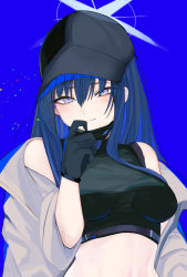 Rule 34 | 1girl, absurdres, black gloves, black hat, black mask, blue archive, blue background, blue eyes, blue hair, breasts, coat, crop top, gloves, hair between eyes, halo, hat, highres, long hair, looking at viewer, mask, mask pull, medium breasts, midriff, mouth mask, off shoulder, open clothes, open coat, ran (bearsoymilk), saori (blue archive), simple background, solo, upper body