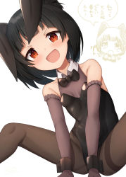Rule 34 | 1girl, :d, :o, ^^^, animal ears, bare shoulders, between legs, binsen, black hair, black leotard, black neckwear, blush, bow, bowtie, breasts, brown gloves, brown pantyhose, chibi, chibi inset, clenched hands, elbow gloves, feet out of frame, gloves, hair bun, hand between legs, highres, idolmaster, idolmaster million live!, knees up, leotard, nakatani iku, open mouth, pantyhose, playboy bunny, rabbit ears, red eyes, simple background, single hair bun, sitting, small breasts, smile, spread legs, thighband pantyhose, translation request, v-shaped eyebrows, white background, wrist cuffs