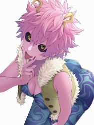 Rule 34 | 1girl, ashido mina, ass, bare arms, bare shoulders, bent over, black sclera, boku no hero academia, breasts, buttons, cleavage, colored sclera, colored skin, cunnilingus gesture, downblouse, fingernails, fur trim, hair between eyes, hand on own thigh, hand to own mouth, highres, horns, jacket, kobaji, looking at viewer, medium breasts, messy hair, open clothes, open vest, pink hair, pink skin, short hair, sidelocks, solo, tongue, tongue out, unbuttoned, unitard, v, v over mouth, vest, yellow eyes, yellow horns