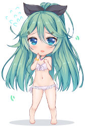 Rule 34 | 10s, 1girl, :d, alternate costume, aqua eyes, bikini, bracelet, breasts, chibi, cleavage, collarbone, commentary request, flying sweatdrops, green hair, hair ornament, hair ribbon, hairclip, highres, jewelry, kantai collection, ko yu, looking at viewer, navel, necklace, open mouth, ribbon, simple background, smile, solo, swimsuit, white background, white bikini, yamakaze (kancolle)