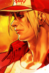 Rule 34 | 1boy, baseball cap, blonde hair, fatal fury, fiery background, fire, hat, hungry clicker, male focus, profile, red hat, red vest, shirt, solo, terry bogard, the king of fighters, vest, white shirt