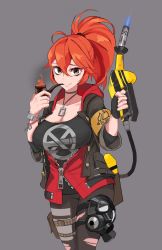 Rule 34 | 1girl, absurdres, adriana rivera, black shirt, black survival, blowtorch, breasts, brown eyes, cleavage, gas mask, gloves, grey background, highres, jacket, large breasts, mask, obex117, pantyhose, pipe in mouth, ponytail, red hair, shirt, simple background, single glove, smoking pipe, tagme, torn clothes, torn legwear