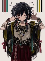 Rule 34 | 1girl, absurdres, azzz (7334080), black hair, bracelet, cowboy shot, earrings, facial mark, grey eyes, hair between eyes, hands up, highres, jewelry, looking at viewer, nail polish, necklace, one eye closed, original, short hair with long locks, short sleeves, solo, star (symbol), tattoo, v, wide sleeves