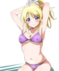 Rule 34 | 10s, 1girl, armpits, arms behind head, arms up, ayase eli, bikini, blonde hair, blue eyes, blush, breasts, cleavage, covered erect nipples, long hair, looking at viewer, love live!, love live! school idol festival, love live! school idol project, medium breasts, navel, ponytail, purple bikini, simple background, sitting, smile, solo, swimsuit, turkey min, white background