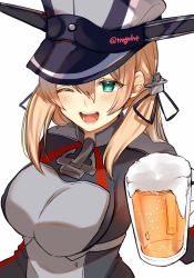 Rule 34 | 1girl, alcohol, anchor hair ornament, aqua eyes, beer, beer mug, blonde hair, cup, hair ornament, hat, highres, kantai collection, long hair, looking at viewer, low twintails, military, military hat, military uniform, mug, one eye closed, peaked cap, prinz eugen (kancolle), simple background, solo, tsunonigau, twintails, twitter username, uniform, white background