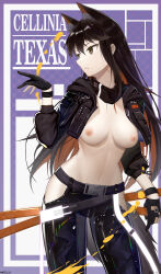 Rule 34 | 1girl, absurdres, ambience synesthesia, animal ears, arknights, black gloves, black hair, black pants, black scarf, breasts, character name, colored inner hair, cowboy shot, cropped jacket, extra ears, gloves, highres, hip vent, holding, holding sword, holding weapon, long hair, long sleeves, looking to the side, medium breasts, multicolored hair, nipples, no shirt, official alternate costume, orange hair, pants, partially fingerless gloves, purple background, scarf, simple background, solo, sword, texas (arknights), two-tone hair, weapon, wolf ears, wolf girl, yellow eyes, zhadao lza