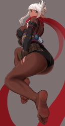 Rule 34 | 1girl, absurdres, ass, blue eyes, breasts, dark skin, dungeon and fighter, feet, highres, kunoichi (dungeon and fighter), leotard, long hair, looking at viewer, pantyhose, pointy ears, scarf, soles, thief (dungeon and fighter), toes, white hair
