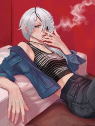 Rule 34 | 1girl, artist name, bed, chainsaw man, cigarette, denim, denim jacket, eyepatch, hair over shoulder, highres, holding, holding cigarette, jacket, long hair, looking at viewer, ponytail, quanxi (chainsaw man), smoke, smoking, solo, striped tank top, taestymaee, tank top