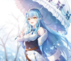 Rule 34 | 1girl, ahoge, bare shoulders, belt, beret, blouse, blue hair, blue jacket, blurry, blurry background, blush, braid, breasts, commentary request, french braid, fur-trimmed jacket, fur trim, hair between eyes, half updo, hat, heart, heart ahoge, highres, holding, holding umbrella, hololive, jacket, kebin no shio amaou, light particles, long hair, medium breasts, open clothes, open jacket, open mouth, parasol, pointy ears, shirt, sidelocks, single braid, sleeveless, sleeveless shirt, snowflake print, solo, umbrella, virtual youtuber, yellow eyes, yukihana lamy