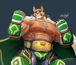 Rule 34 | 1boy, abs, animal ear request, bara, bare pectorals, bonti1age, brown fur, bulge, cape, crave saga, elbow pads, fingerless gloves, forked eyebrows, frown, green cape, green shorts, hands up, jewelry, large belt, large bulge, large pectorals, leggings, looking to the side, male focus, mma gloves, muscular, muscular male, necklace, nipples, pectorals, sergio (crave saga), shorts, solo, stomach, thick eyebrows, thick thighs, thighs, tight clothes, wrestling outfit