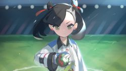Rule 34 | 1girl, asymmetrical bangs, black hair, closed mouth, collared shirt, commentary request, creatures (company), dusk ball, dynamax band, earrings, eyelashes, game freak, gloves, grass, green eyes, gym challenge uniform, hair ribbon, hand up, highres, holding, holding poke ball, jewelry, kii (kiiui), light rays, long sleeves, looking at viewer, marnie (pokemon), nintendo, poke ball, pokemon, pokemon swsh, red ribbon, ribbon, shirt, solo, stadium, upper body, white gloves, white shirt