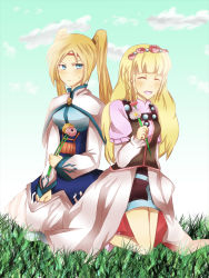 Rule 34 | 2girls, blonde hair, blue eyes, blush, braid, breasts, capelet, dress, closed eyes, fenimore xelhes, flower, long hair, multiple girls, open mouth, rose, shirley fennes, skirt, tales of (series), tales of legendia, twintails