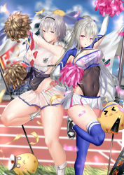 Rule 34 | &gt; &lt;, 2girls, :o, a-by, absurdres, arm up, armpit cutout, azur lane, bare shoulders, belt bra, bird, black hairband, black leotard, blood, blue sky, blue thighhighs, blurry, blurry background, blurry foreground, blush, boots, bow, braid, breasts, casablanca (azur lane), casablanca (cheer squad on break) (azur lane), cheering, cheerleader, chick, chinese commentary, cleavage, closed mouth, clothing cutout, cloud, commentary request, confetti, covered erect nipples, covered navel, cowboy shot, crop top, crop top overhang, eagle union (emblem) (azur lane), flag, grass, grey hair, hair between eyes, hair bow, hairband, hat, highres, holding, holding pom poms, knee boots, large breasts, leotard, leotard under clothes, long hair, long sleeves, looking at viewer, manjuu (azur lane), midriff, miniskirt, multiple girls, navel, nipple slip, nipples, o o, open mouth, parted hair, pleated skirt, pom pom (cheerleading), pom poms, purple eyes, purple sash, reno (azur lane), reno (biggest little cheerleader) (azur lane), ribbed legwear, sash, scoreboard, see-through, see-through skirt, see-through sleeves, shadow, shiny skin, shirt, shoes, short hair, sidelocks, skirt, sky, sleeveless, smile, sneakers, sparkle, standing, standing on one leg, sweat, thighhighs, track and field, two-tone skirt, underboob, very long hair, white footwear, white headwear, white skirt