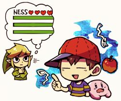 Rule 34 | 2boys, apple, baseball cap, black eyes, blonde hair, blue eyes, blue shirt, blue sleeves, brown hair, character name, closed eyes, closed mouth, colored skin, commentary request, cropped torso, drooling, expressionless, food, fruit, gameplay mechanics, green headwear, green shirt, green sleeves, green tunic, hand on own arm, hand on own chin, hat, health bar, heart, imagining, kirby, kirby (series), leaf, link, long sleeves, looking at another, looking at food, male focus, mother (game), multiple boys, ness (mother 2), nintendo, notice lines, open mouth, pink skin, pointing, pointy ears, pointy hat, red headwear, ribbon-trimmed headwear, ribbon trim, shirt, short hair, short sleeves, sideways hat, simple background, smile, stick, striped clothes, striped shirt, striped sleeves, super smash bros., t-shirt, teijiro, telekinesis, the legend of zelda, thought bubble, toon link, two-tone shirt, wavy mouth, white background, yellow shirt