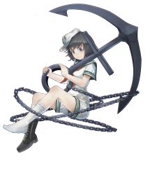 Rule 34 | 1girl, absurdres, anchor, anchor symbol, bare arms, bare legs, black footwear, black hair, blue eyes, boots, chain, closed mouth, collared shirt, commentary, cross-laced footwear, full body, googerm, hands up, hat, head tilt, highres, holding, holding anchor, knees up, lace-up boots, looking at viewer, metal, midriff peek, murasa minamitsu, neckerchief, red neckerchief, revision, sailor, sailor collar, sailor hat, sailor shirt, shirt, short hair, short shorts, short sleeves, shorts, single boot, sitting, smile, socks, solo, thighs, touhou, transparent background, white shirt, white shorts, white socks