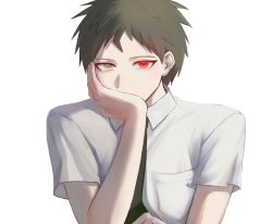Rule 34 | 1boy, badge, breast pocket, brown eyes, brown hair, chenniiiii, collared shirt, commentary, covering own mouth, danganronpa (series), danganronpa 2: goodbye despair, green necktie, grey background, hand over own mouth, heterochromia, highres, hinata hajime, male focus, necktie, pocket, red eyes, shirt, short hair, simple background, solo, symbol-only commentary, upper body