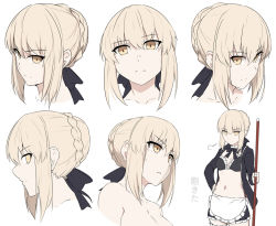 Rule 34 | 1girl, angry, apron, artoria pendragon (alter swimsuit rider) (fate), artoria pendragon (alter swimsuit rider) (second ascension) (fate), artoria pendragon (fate), bikini, black bikini, black bow, blonde hair, bow, braid, breasts, broom, cleavage, face, fate/grand order, fate (series), frills, from side, hair between eyes, hair bow, holding, holding broom, jacket, looking at viewer, maid, maid bikini, maid headdress, medium breasts, multiple views, navel, open clothes, ribbon, shiseki hirame, short hair, simple background, swimsuit, unconventional maid, white background, yellow eyes