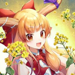 Rule 34 | 1girl, :d, bare shoulders, blonde hair, bow, bowtie, commentary request, fang, flower, gradient background, hair bow, highres, horn ornament, horn ribbon, horns, ibuki suika, leaf, long hair, looking at viewer, momoshiki tsubaki, oni, oni horns, open mouth, orange eyes, petals, purple ribbon, red bow, red bowtie, ribbon, shirt, sidelocks, sleeveless, sleeveless shirt, smile, solo, touhou, upper body, white background, white shirt, yellow background, yellow flower