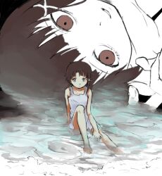 Rule 34 | 2girls, absurdres, barefoot, blunt ends, brown eyes, brown hair, dress, empty eyes, full body, giant, giantess, hair ornament, highres, iwakura lain, looking at viewer, lying, multiple girls, on back, parted lips, partially submerged, serial experiments lain, short hair, single sidelock, surreal, water, white dress, x hair ornament, yurumenoika eva