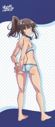 Rule 34 | 1girl, absurdres, arms behind back, ass, back, bare legs, bead bracelet, beads, bikini, blue bikini, blush, bracelet, breasts, brown eyes, brown hair, butt crack, closed mouth, feet, harukana receive, higa kanata, highres, jewelry, legs, looking at viewer, looking back, medium hair, official art, pointing, pointing down, polka dot, polka dot background, ponytail, simple background, small breasts, smile, solo, standing, swimsuit
