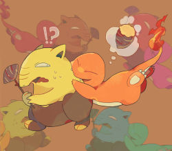 Rule 34 | !?, akadako, animal focus, biting, charmander, claws, constricted pupils, creatures (company), drowzee, flame-tipped tail, food, full body, game freak, gen 1 pokemon, holding, holding stick, jumping, looking at another, looking back, nintendo, no humans, one-hour drawing challenge, open mouth, pokemon, pokemon (creature), roasted sweet potato, standing, steam, stick, sweat, sweet potato, thought bubble, walking, wavy mouth, roasted sweet potato