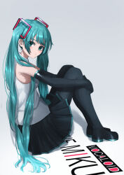 Rule 34 | absurdres, amaama (beccyonaika1), aqua eyes, aqua hair, black footwear, black gloves, black skirt, boots, character name, commentary, copyright name, elbow gloves, expressionless, from side, full body, gloves, hatsune miku, highres, hugging own legs, long hair, looking at viewer, on floor, pleated skirt, shadow, shirt, sitting, skirt, sleeveless, sleeveless shirt, thigh boots, twintails, vocaloid, white shirt