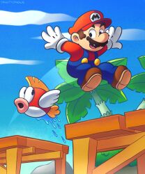 Rule 34 | 1boy, :d, artist name, black eyes, blue overalls, blue pants, blue sky, brown footwear, brown hair, buttons, cheep cheep, cloud, commentary, day, english commentary, facial hair, fish, full body, gloves, grass, hat, highres, jumping, long sleeves, looking at another, mario, mario (series), mustache, nintendo, open mouth, outdoors, outstretched arms, overalls, palm tree, pants, pier, red headwear, red shirt, rock, shirt, shoes, short hair, sky, smile, spread arms, super mario 3d land, teeth, tree, upper teeth only, vinny (dingitydingus), wet, white gloves