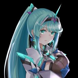 Rule 34 | 1girl, black background, breasts, chest jewel, earrings, green eyes, green hair, highres, jewelry, large breasts, long hair, looking at viewer, pneuma (xenoblade), ponytail, sarasadou dan, sidelocks, simple background, solo, spoilers, swept bangs, tiara, upper body, very long hair, xenoblade chronicles (series), xenoblade chronicles 2