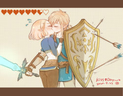 Rule 34 | 1boy, 1girl, arrow (projectile), ass, blonde hair, blush, closed eyes, fingerless gloves, gloves, hand on another&#039;s chest, health bar, hira (otemoto84), kiss, link, low ponytail, master sword, nintendo, pointy ears, ponytail, princess zelda, shield, short hair, short ponytail, sword, the legend of zelda, the legend of zelda: breath of the wild, the legend of zelda: tears of the kingdom, weapon
