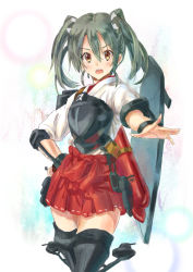 Rule 34 | &gt;:o, 10s, 1girl, :o, brown eyes, grey hair, hand on own hip, japanese clothes, kantai collection, kotarou (rakugaki shirushi), looking at viewer, muneate, open mouth, outstretched hand, pleated skirt, red skirt, skirt, solo, thighhighs, twintails, v-shaped eyebrows, zettai ryouiki, zuikaku (kancolle)
