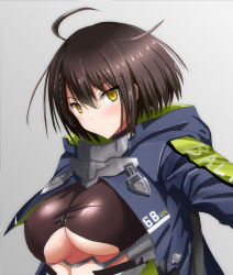 Rule 34 | 1girl, ahoge, azur lane, baltimore (azur lane), black choker, blue coat, blush, braid, breasts, brown hair, choker, closed mouth, clothes writing, clothing cutout, coat, covered erect nipples, green coat, grey background, hair between eyes, highres, large breasts, light frown, looking at viewer, multicolored coat, open clothes, open coat, outstretched arm, short hair, simple background, solo, underboob, underboob cutout, upper body, yellow eyes, yuuk33