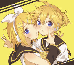 Rule 34 | 1boy, 1girl, arm warmers, bare shoulders, black collar, black sleeves, blonde hair, blue eyes, bow, brother and sister, cheek-to-cheek, collar, commentary, crop top, detached sleeves, hair bow, hair ornament, hairclip, headphones, heads together, hotaru., hug, kagamine len, kagamine rin, looking at viewer, neckerchief, necktie, one eye closed, pouty lips, sailor collar, school uniform, shirt, short hair, short ponytail, short sleeves, siblings, sleeveless, sleeveless shirt, smile, spiked hair, swept bangs, twins, upper body, v, vocaloid, white bow, white shirt, yellow background, yellow neckerchief