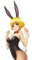 Rule 34 | 1girl, animal ears, bad id, bad pixiv id, bare shoulders, blonde hair, blush, bow, bowtie, breasts, brown eyes, cleavage, detached collar, fake animal ears, female focus, lips, looking at viewer, meto31, original, pantyhose, playboy bunny, rabbit ears, rabbit tail, short hair, smile, solo, tail, wrist cuffs, yellow eyes