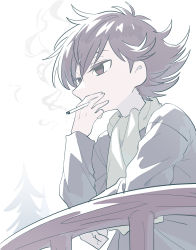 Rule 34 | 1boy, bridge, brown eyes, brown hair, cigarette, commentary request, highres, leaning on object, male focus, moomin, osasimiyabai, outdoors, scarf, short hair, simple background, smoke, smoking, snufkin, solo, tree