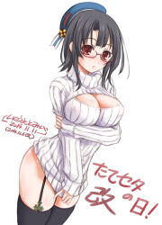 Rule 34 | 10s, 1girl, bespectacled, black hair, black thighhighs, breasts, cleavage, cleavage cutout, clothing cutout, covered erect nipples, dress, garter straps, glasses, hat, inoue tomii, kantai collection, large breasts, looking at viewer, meme attire, open-chest sweater, parted lips, red-framed eyewear, red eyes, revision, ribbed sweater, semi-rimless eyewear, short hair, simple background, solo, sweater, sweater dress, takao (kancolle), thighhighs, under-rim eyewear, white background, zettai ryouiki