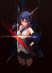 Rule 34 | 1girl, absurdres, arknights, bare shoulders, black background, black jacket, black shorts, blouse, blue hair, breasts, ch&#039;en (arknights), closed mouth, collared shirt, cropped legs, dragon horns, highres, horns, ichika (ichika87), jacket, lens flare, long hair, long sleeves, looking at viewer, low twintails, medium breasts, necktie, open clothes, open jacket, red eyes, shirt, short shorts, shorts, simple background, solo, sword, twintails, weapon, white shirt, yellow necktie
