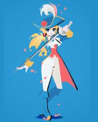 Rule 34 | 1girl, ascot, blonde hair, blue background, blue eyes, blue footwear, blue hat, blue jacket, boots, falling petals, hat, hat feather, highres, holding, holding sword, holding weapon, jacket, long hair, looking at viewer, marina (mrn9), mario (series), nintendo, pants, petals, princess peach, princess peach: showtime!, shadow, signature, solo, standing, standing on one leg, sword, swordfighter peach, weapon, white pants