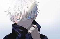 Rule 34 | 1boy, black jacket, blue eyes, closed mouth, colored eyelashes, commentary request, gojou satoru, gradient background, grey background, hair between eyes, hand up, high collar, highres, jacket, jujutsu kaisen, kayanogura, looking at viewer, male focus, portrait, smile, solo, white hair